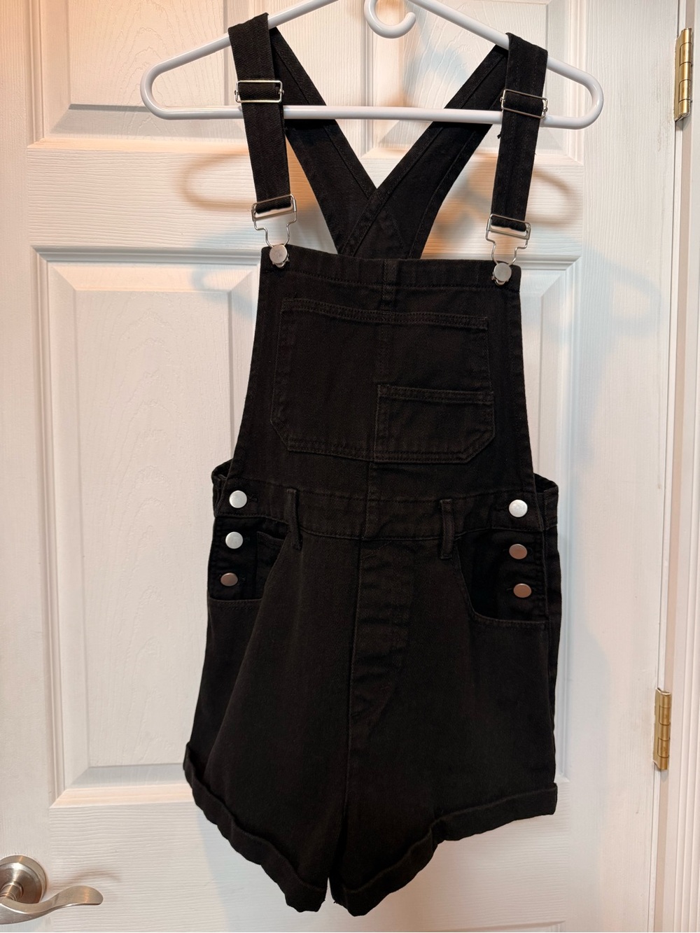 Women's Black Denim Short Overalls with Adjustable Straps